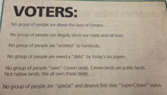 Statements in the ad include: “Crown lands are public lands. Not native lands.” “Help me stop this doctrine of entitlement.”