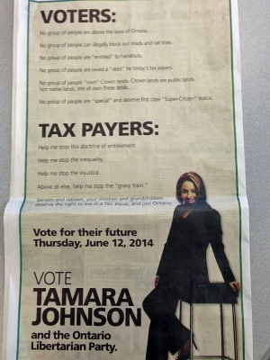 An election ad that appeared in the Thunder Bay Chronicle Journal has drawn a rebuke. The full-page ad for Libertarian candidate Tamara Johnson appears to take aim at First Nations treaty rights. (Nicole Ireland/CBC)